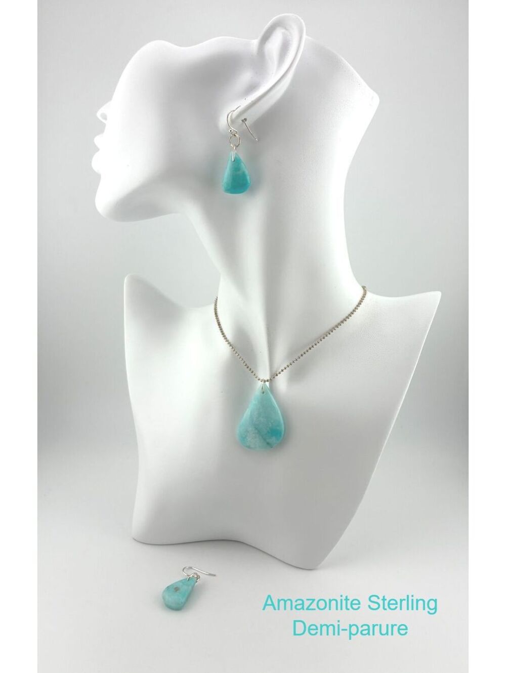 Teal Blue Peru Amazonite Sterling Silver Necklace & Earrings Demi-Parure Set 17"